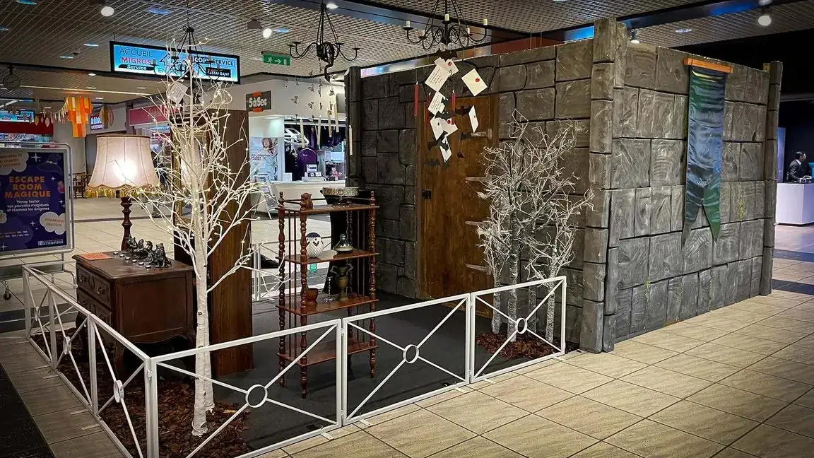 Décor d'univers magique dans une galerie commerciale : mur de pierre, porte en bois, arbres blancs lumineux et mobilier ancien